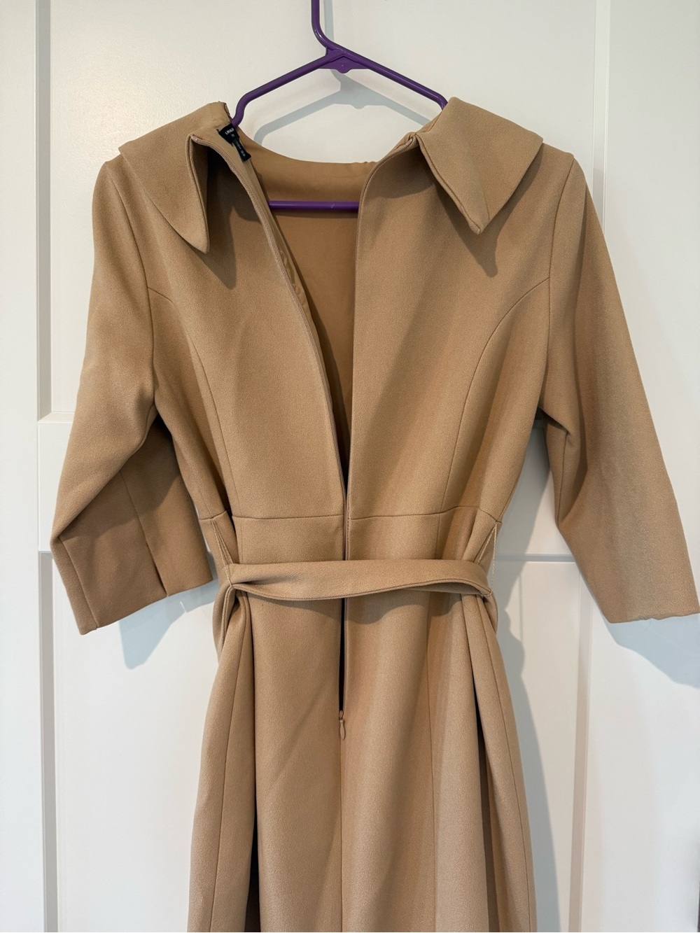 Karen Millen Camel Midi Crepe Structure Dress with Waist Tie 6 Petite - Picture 3 of 11